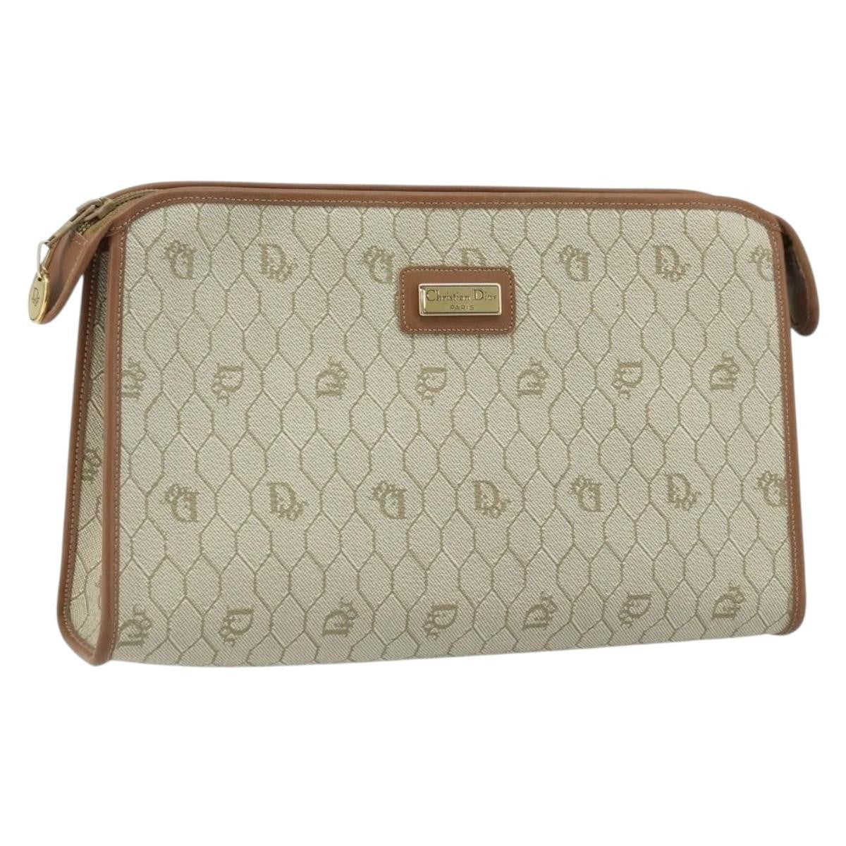 Christian Dior Vintage Honeycomb Zip Canvas And Leather Beige Canvas Clutche & Pouche Bag (Pre-Owned)
