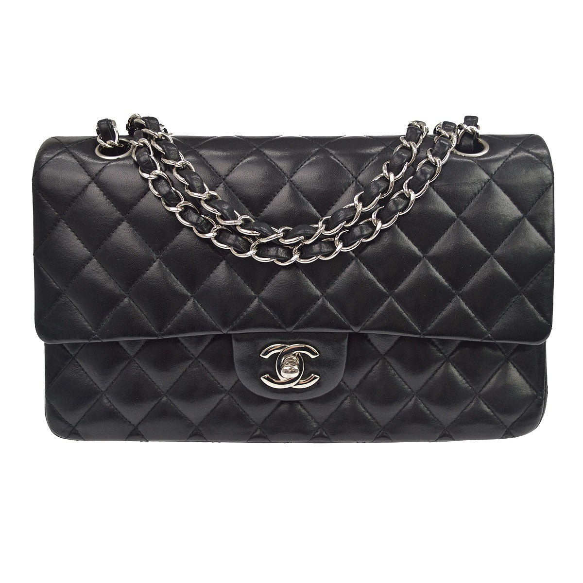 Chanel Classic Timeless Double Flap Quilted Lambskin Black Leather Handbag (Pre-Owned)