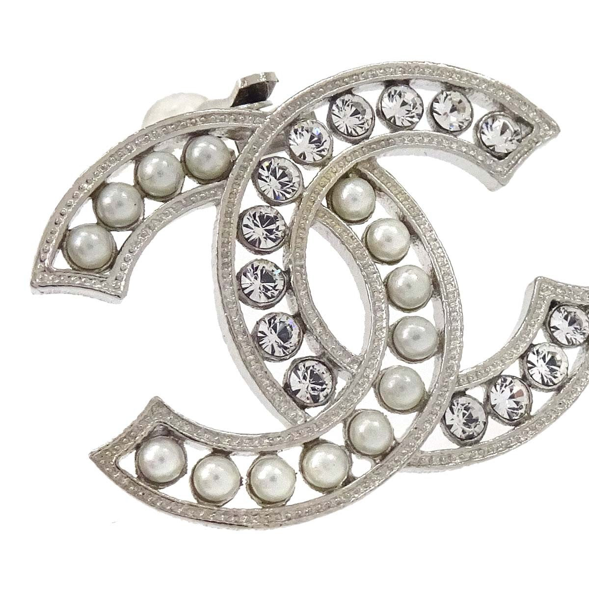 Chanel Cc Clip-On Metal With Crystals And Faux Pearls Silver Silver_Plated Earrings Jewelry (Pre-Owned)