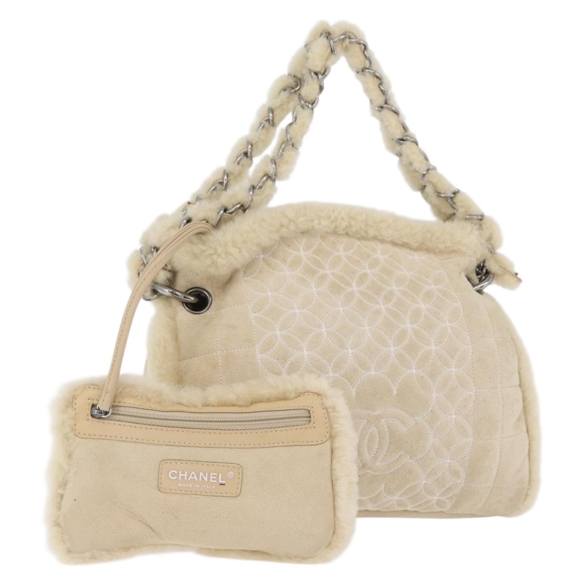 Chanel Vintage Embroidered Cc Chain Tote Quilted Suede And Shearling Beige Canvas Tote Bag Bag (Pre-Owned)