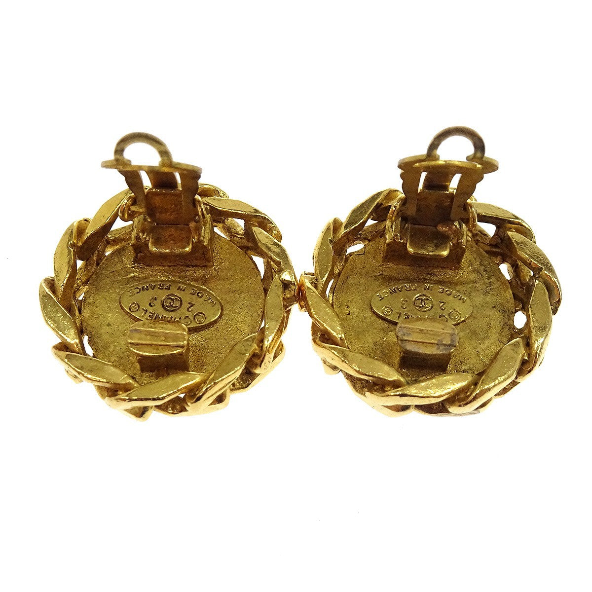 Chanel Vintage Cc Round Clip-On Metal With Crystals Gold Gold_Plated Earrings Jewelry (Pre-Owned)