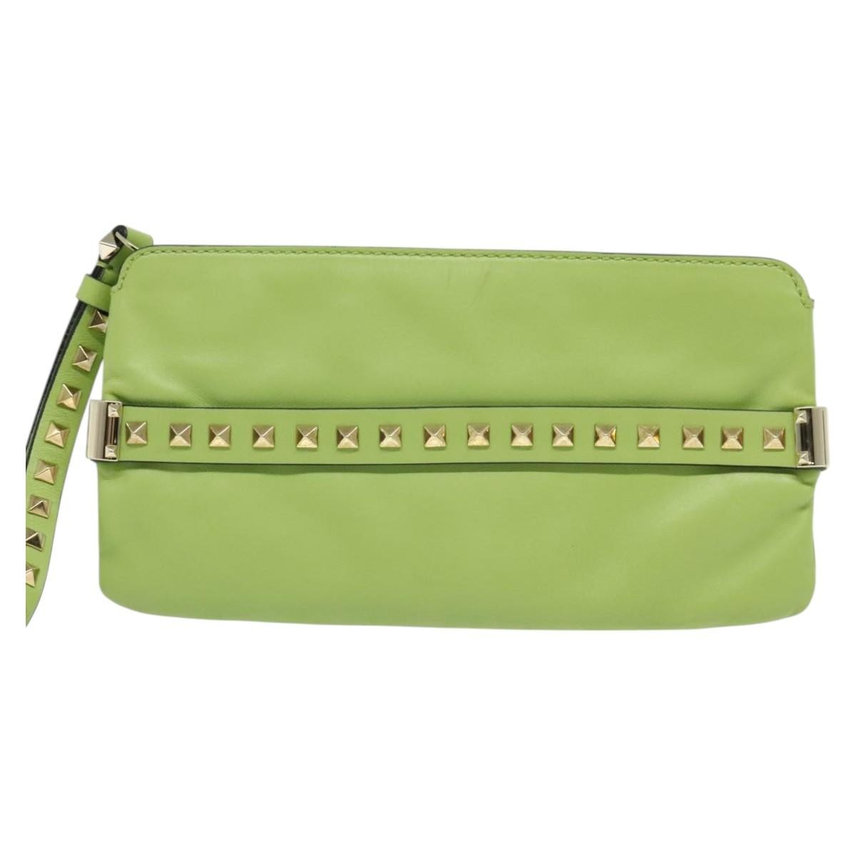 Valentino Garavani Rockstud Wristlet Leather Green Leather Clutche & Pouche Bag (Pre-Owned)