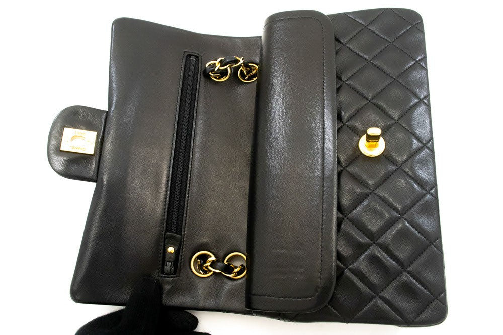 Chanel Vintage Classic Double Flap Quilted Lambskin Black Leather Shoulder Bag Bag (Pre-Owned)