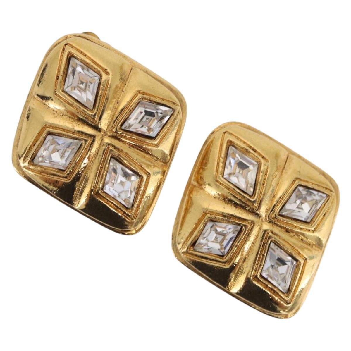 Chanel Vintage Diamond Clip-On Metal With Crystals Gold Metal Earrings Jewelry (Pre-Owned)