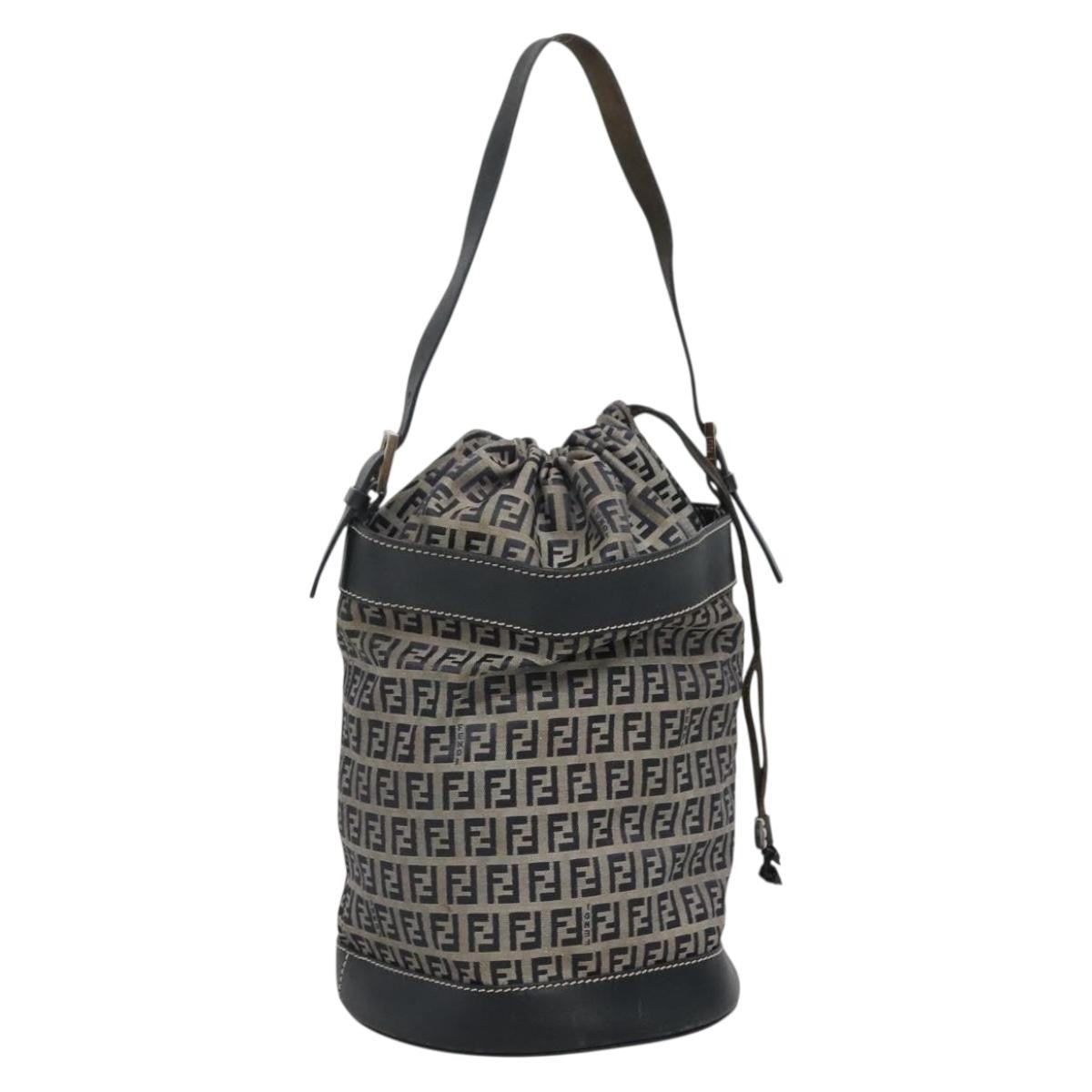 Fendi Ff Logo Mon Tresor Bucket Printed Shearling With Leather Navy Canvas Shoulder Bag Bag (Pre-Owned)