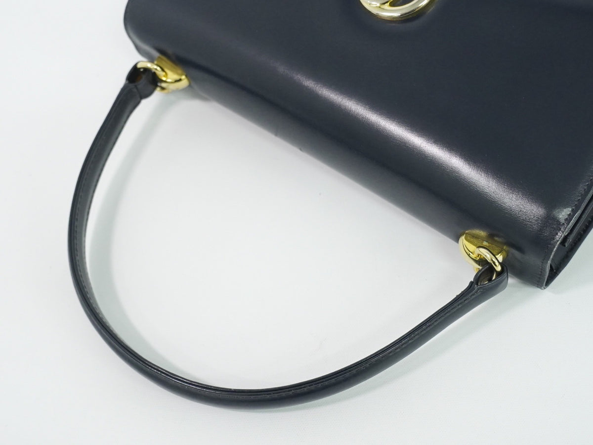 Gucci Vintage Top Handle Flap Leather With Chain Detail Navy Leather Handbag (Pre-Owned)