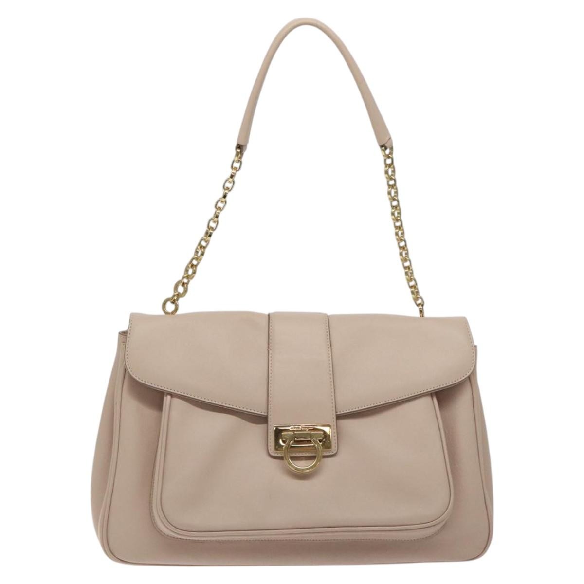 Salvatore Ferragamo Chain Gancini Jacquard With Studded Leather Beige Leather Shoulder Bag Bag (Pre-Owned)
