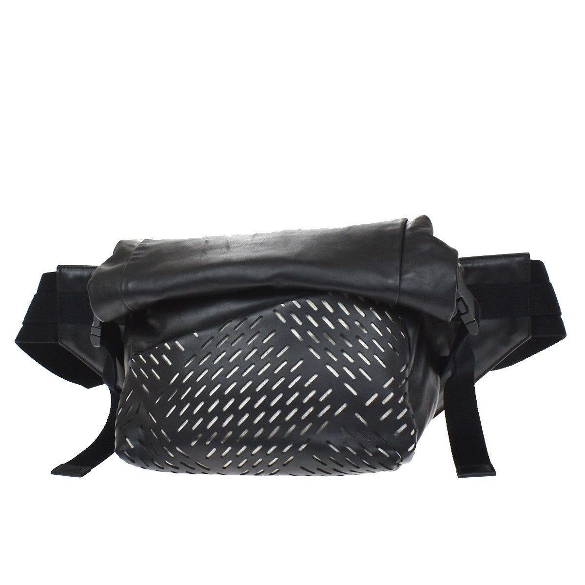 Bottega Veneta Folding Top Belt Perforated Leather Black Leather Handbag (Pre-Owned)