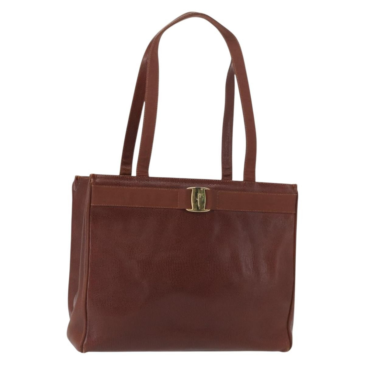 Salvatore Ferragamo Vintage Vara Bow Tote Lizard Embossed Leather Brown Leather Tote Bag Bag (Pre-Owned)