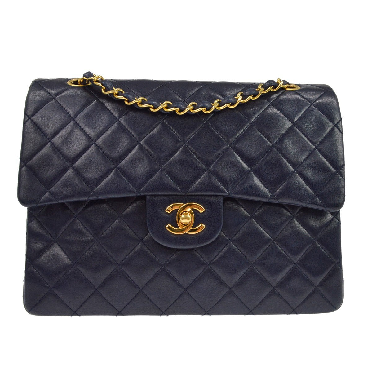 Chanel Vintage Classic Double Flap Quilted Lambskin Navy Leather Shoulder Bag Bag (Pre-Owned)