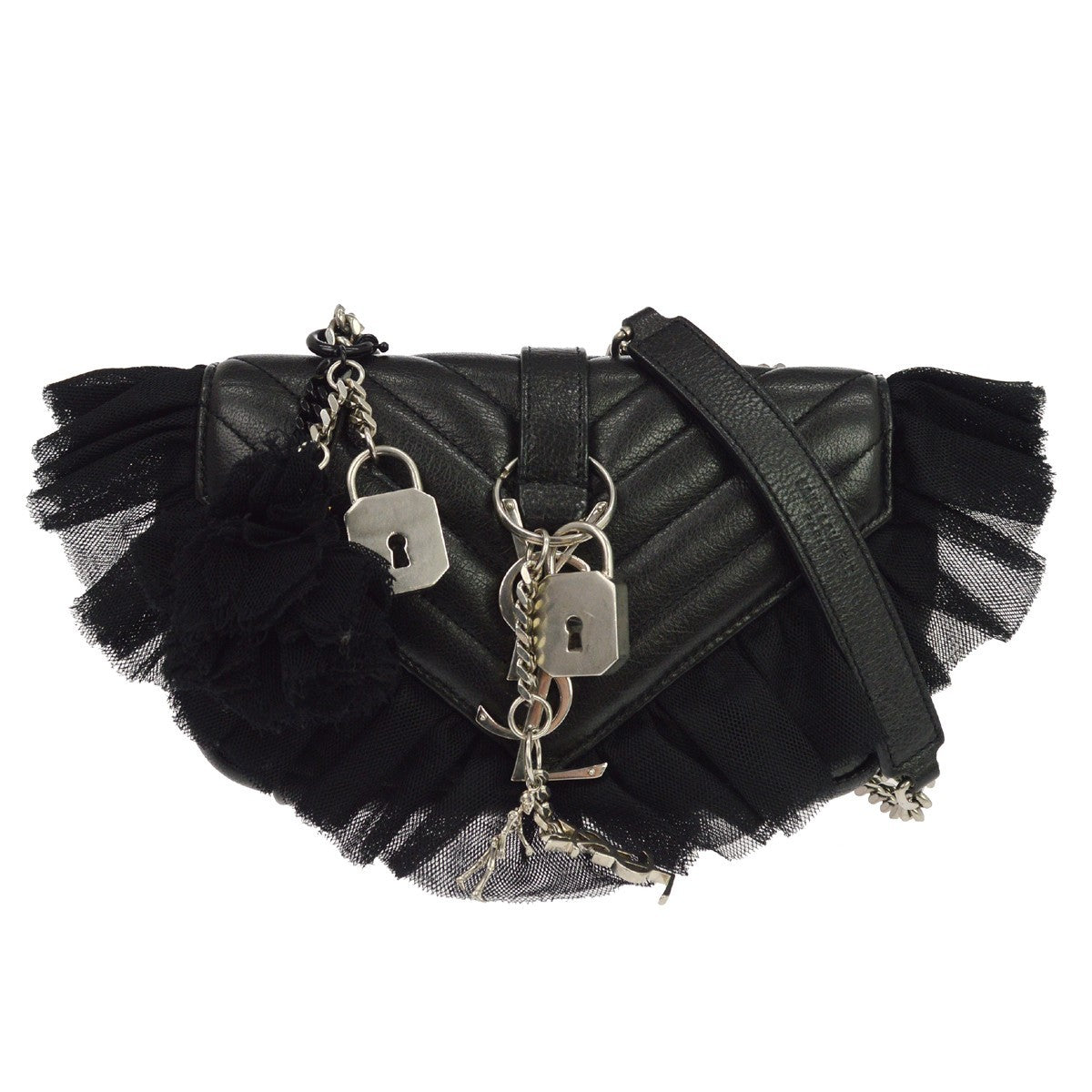Saint Laurent Loulou Puffer Leather & Tulle Black Leather Shoulder Bag Bag (Pre-Owned)