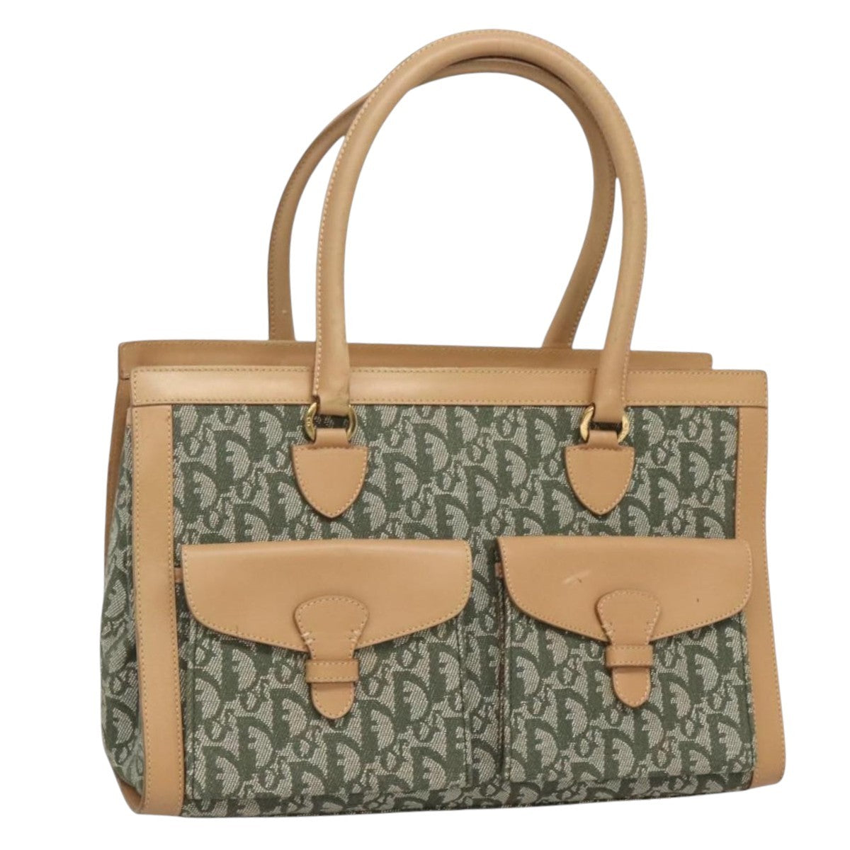 Christian Dior Vintage Trotter Double Pocket Tote Diorissimo Canvas Khaki Canvas Bag (Pre-Owned)