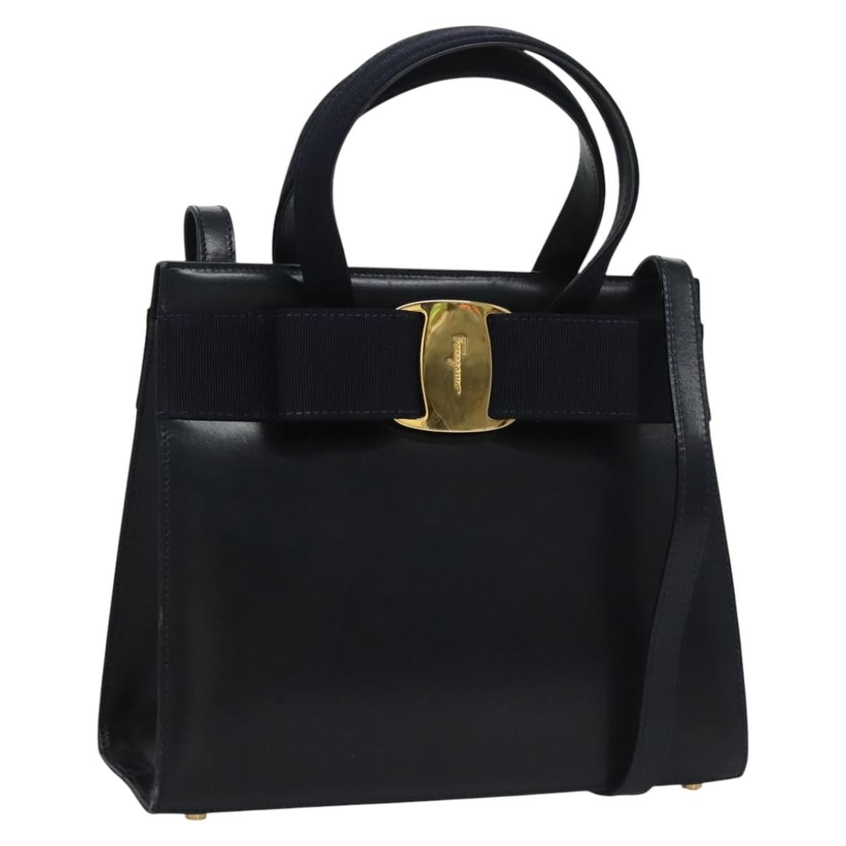 Salvatore Ferragamo Convertible Vara Bow Tote Leather Navy Leather Handbag (Pre-Owned)