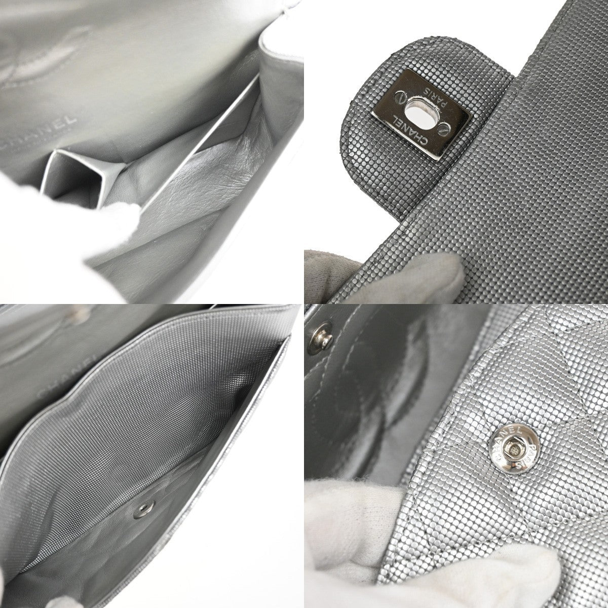 Chanel Classic Timeless Double Flap Pixel Effect Quilted Calfskin Silver Leather Handbag (Pre-Owned)
