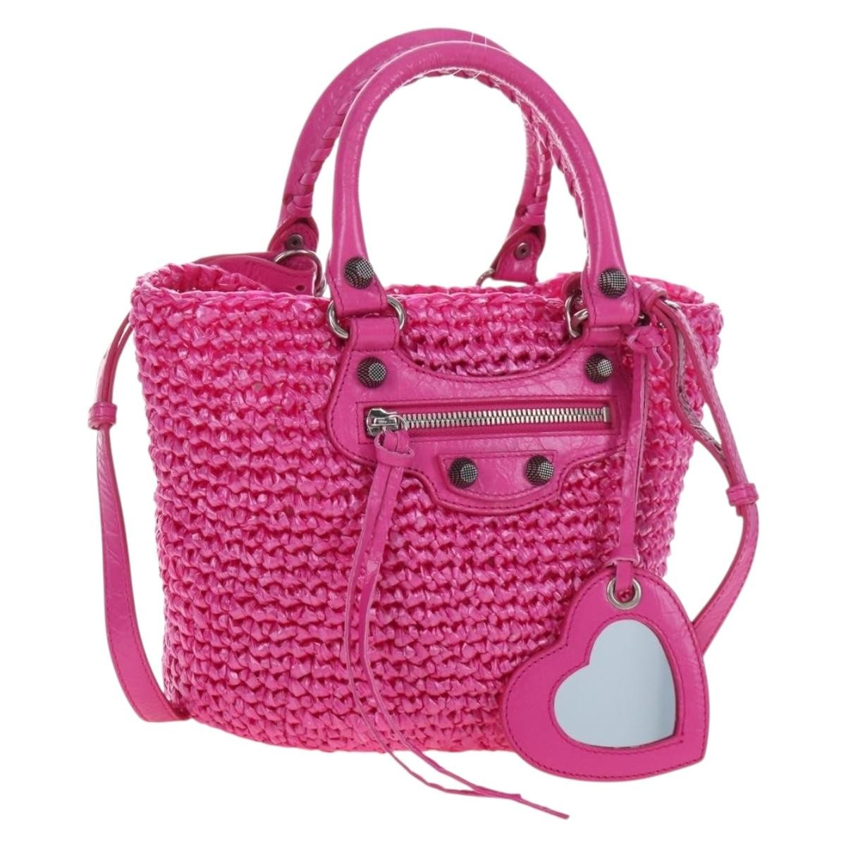 Balenciaga Le Cagole Panier Woven Raffia And Leather Pink Plastic Tote Bag Bag (Pre-Owned)