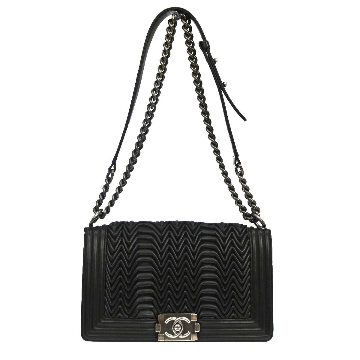 Chanel Boy Flap 3D Pleated Leather Black Leather Shoulder Bag Bag (Pre-Owned)