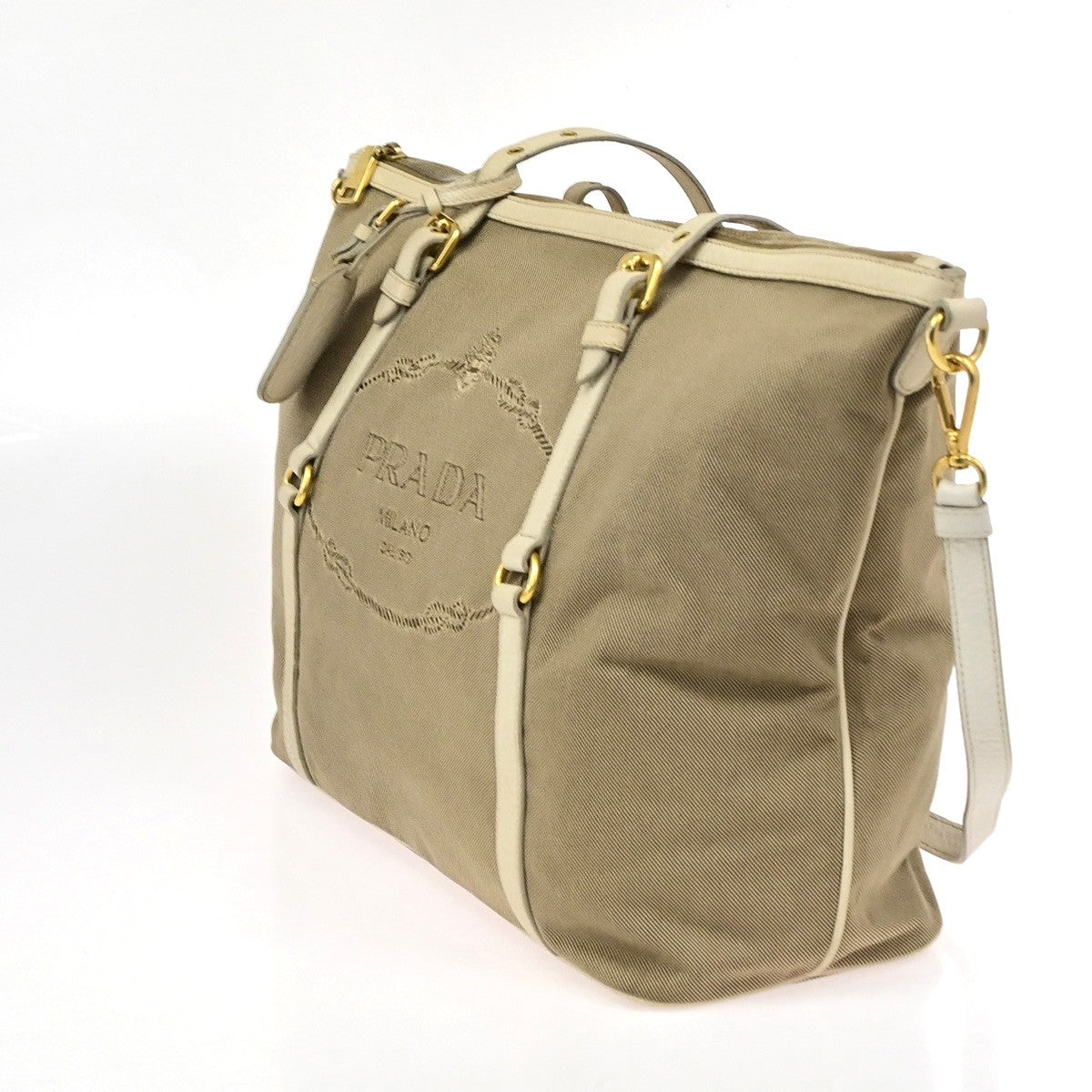 Prada Logo Convertible Canvas With Leather Brown Canvas Tote Bag Bag (Pre-Owned)