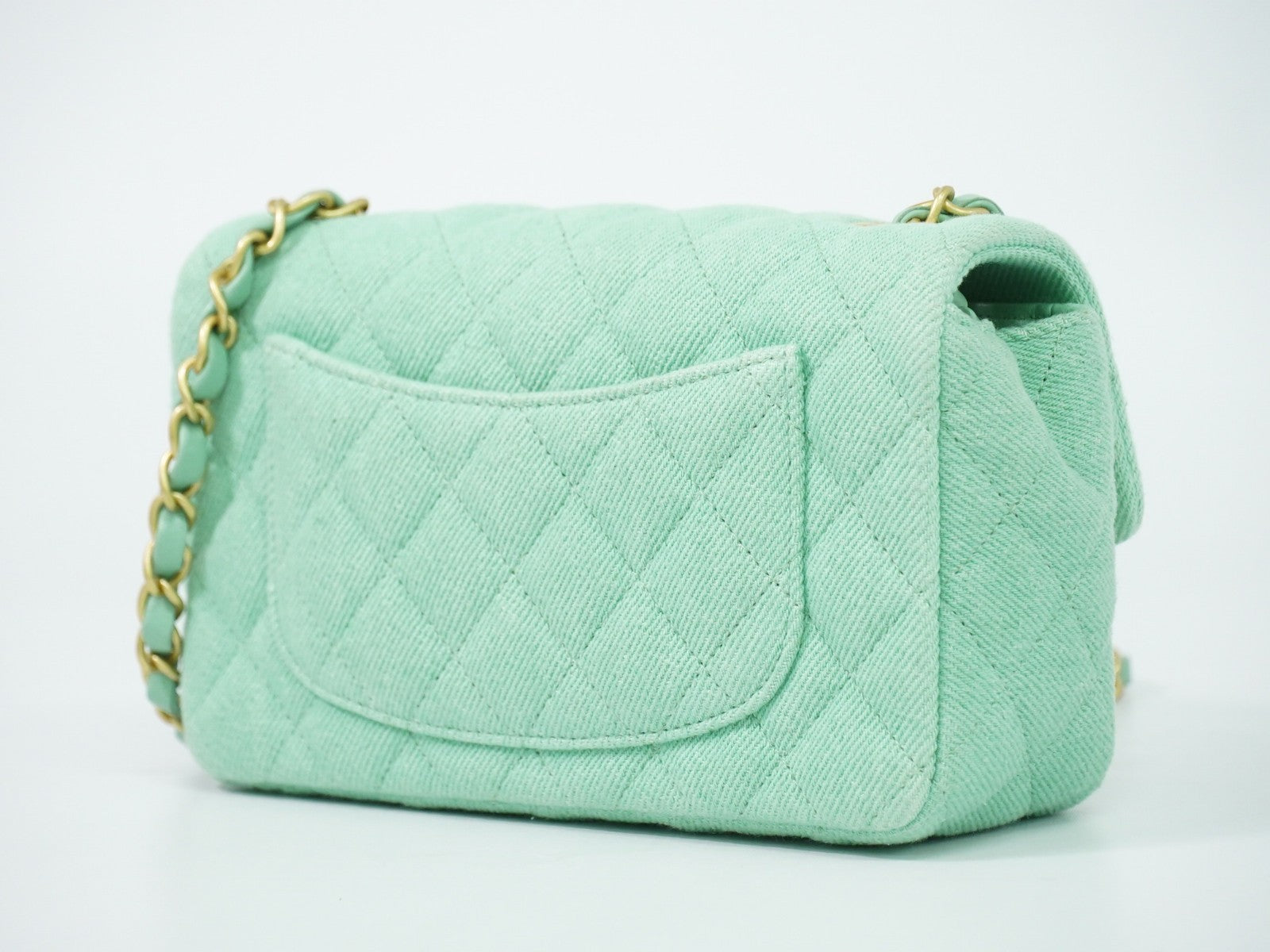 Chanel Classic Single Flap Top Handle Quilted Tweed Green Denim_Jeans Shoulder Bag Bag (Pre-Owned)