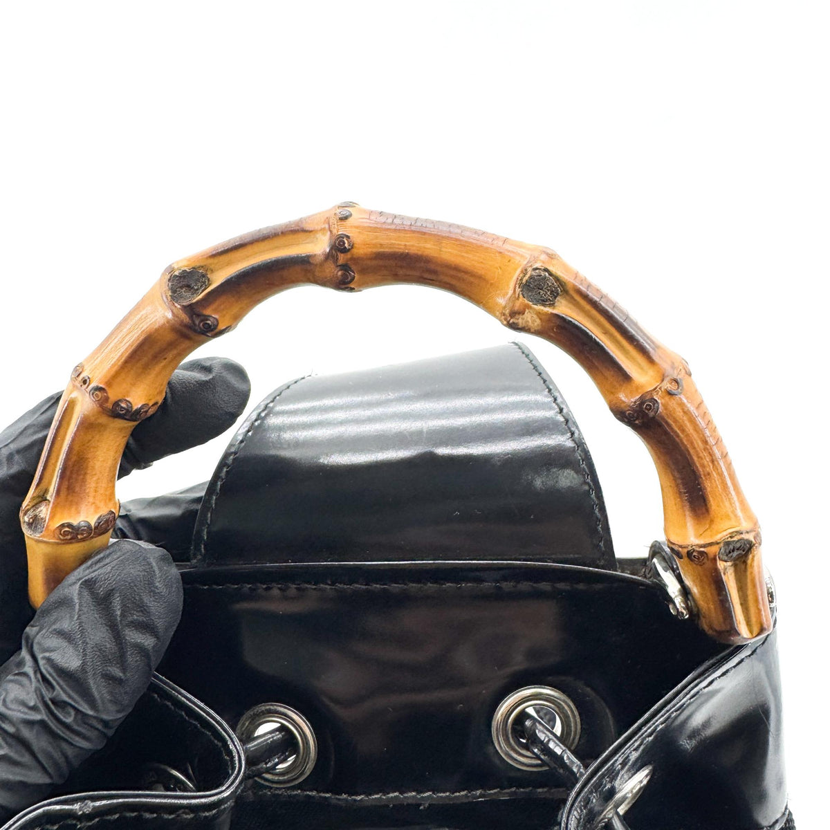 Gucci Vintage Bamboo Drawstring Suede And Leather Black Nylon Backpack Bag (Pre-Owned)
