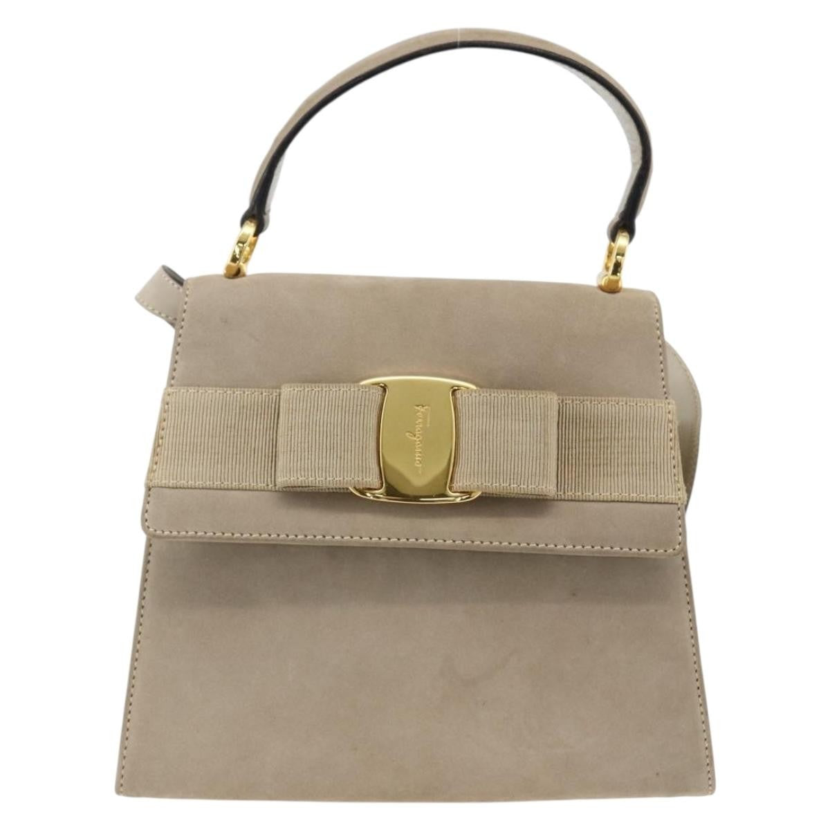 Salvatore Ferragamo Convertible Vara Bow Tote Suede Beige Suede Handbag (Pre-Owned)