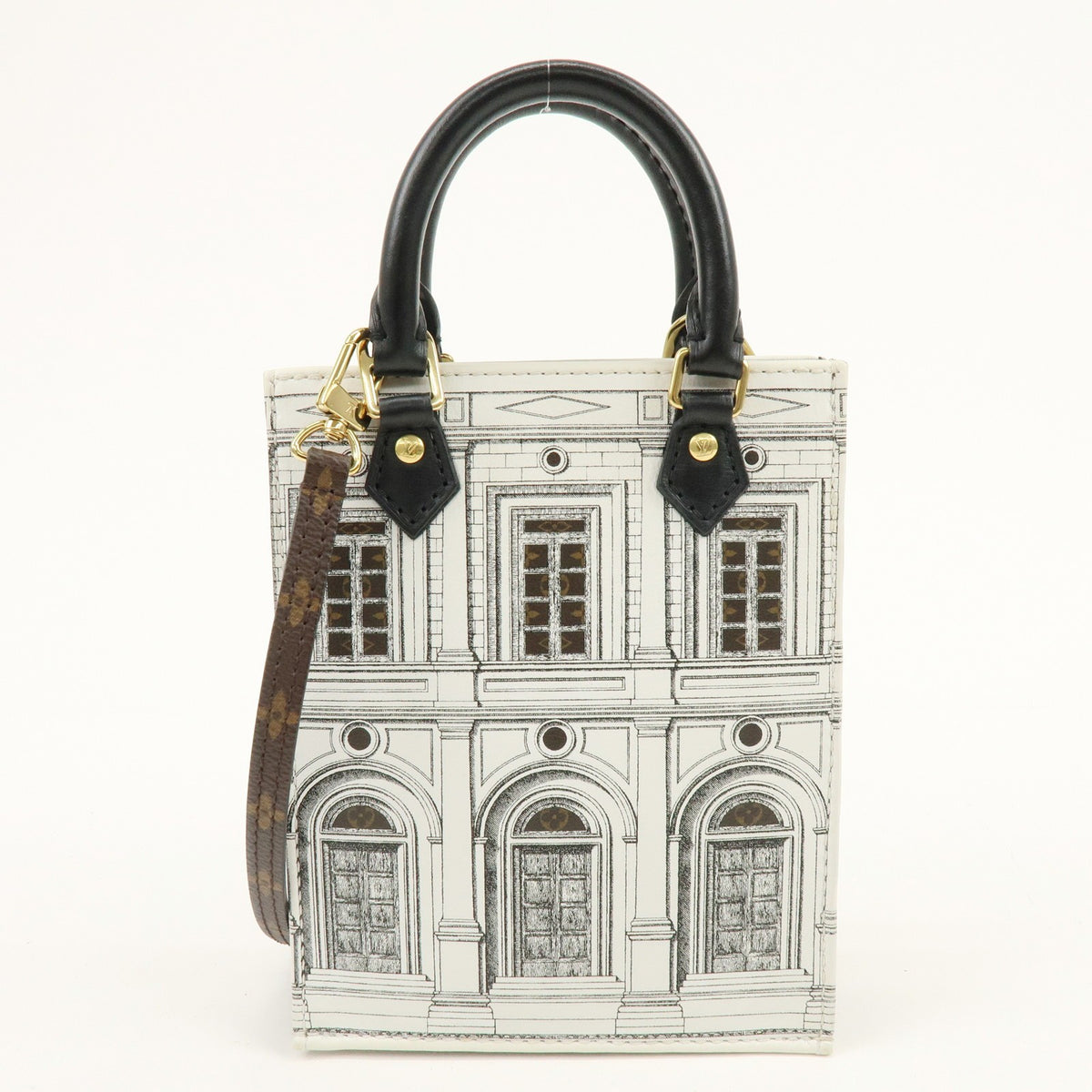 Louis Vuitton Petit Sac Plat Limited Edition Fornasetti Architettura Print Leather And Monogram Canvas White Canvas Handbag (Pre-Owned)