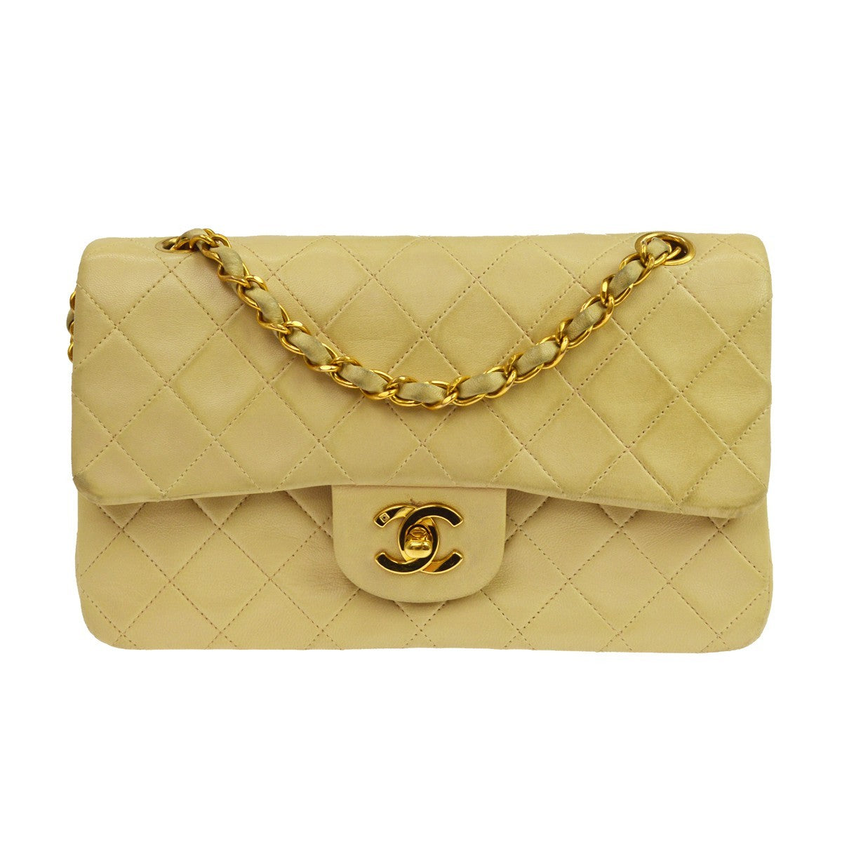 Chanel Timeless - Classic Double Flap Quilted Lambskin Beige Leather Shoulder Bag Bag (Pre-Owned)