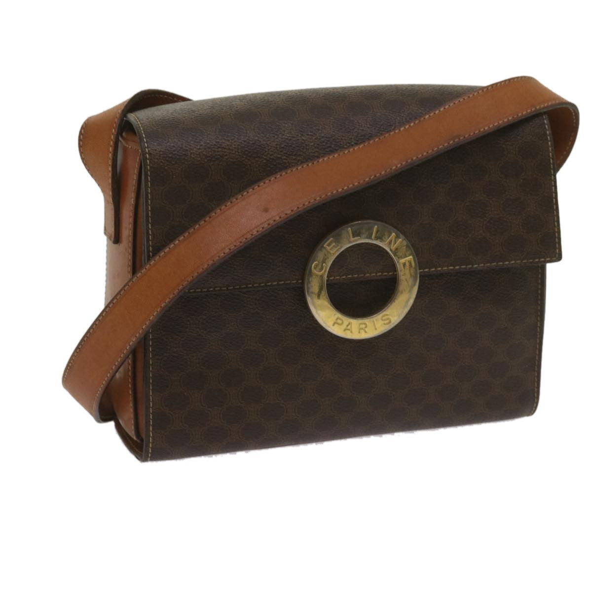 Celine Vintage Macadam Circle Logo Canvas And Leather Brown Canvas Shoulder Bag Bag (Pre-Owned)