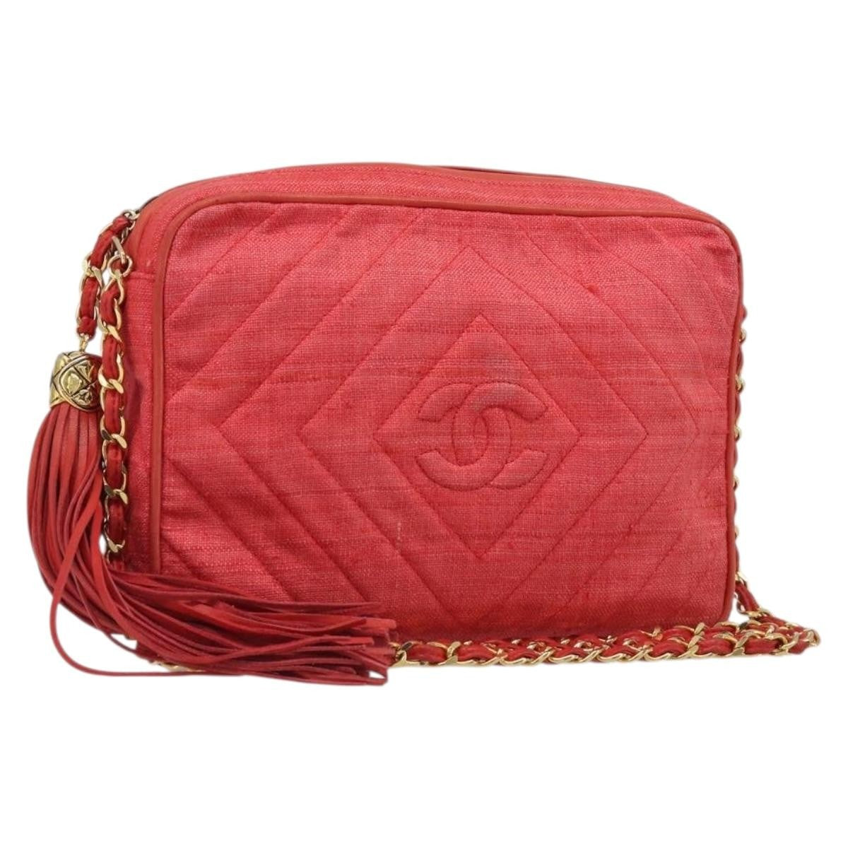 Chanel Vintage Diamond Cc Camera Chevron Canvas Red Canvas Handbag (Pre-Owned)