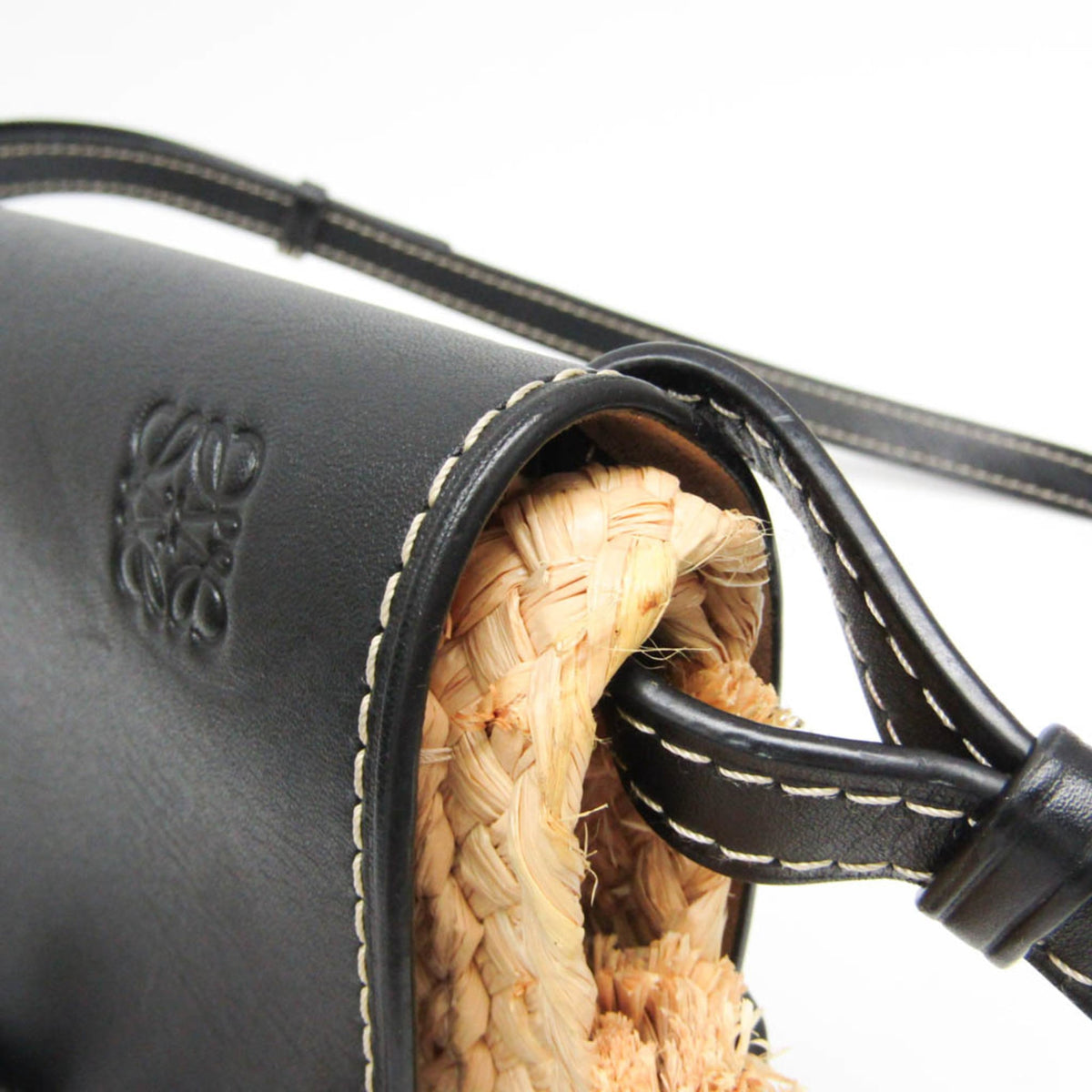 Loewe Gate Leather Leather With Raffia Black Leather Shoulder Bag Bag (Pre-Owned)