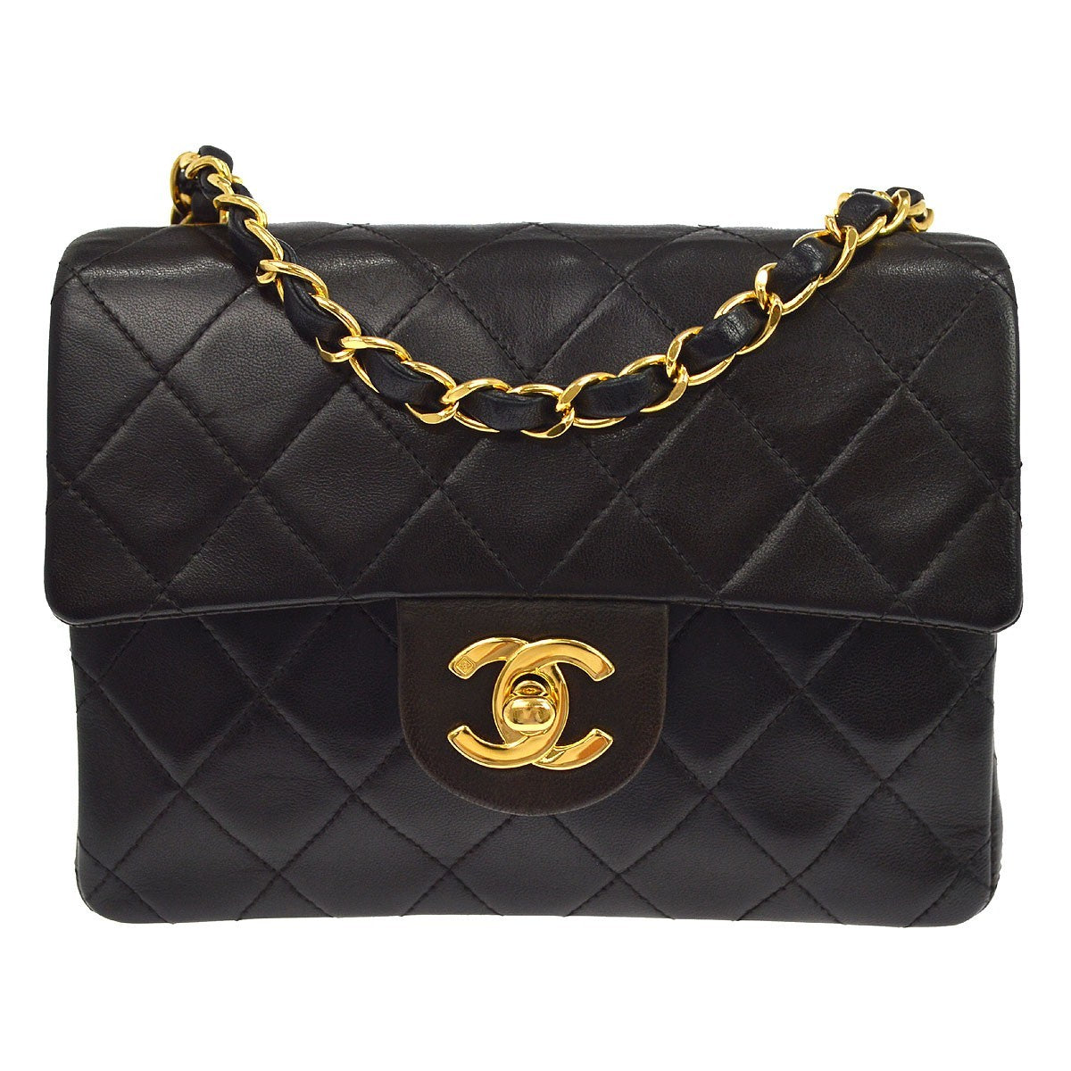 Chanel Vintage Square Classic Single Flap Quilted Lambskin Black Leather Handbag (Pre-Owned)
