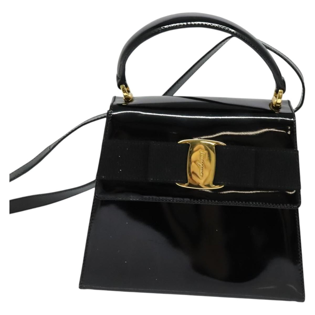Salvatore Ferragamo Vintage Vara Bow Top Handle Leather Black Patent_Leather Handbag (Pre-Owned)