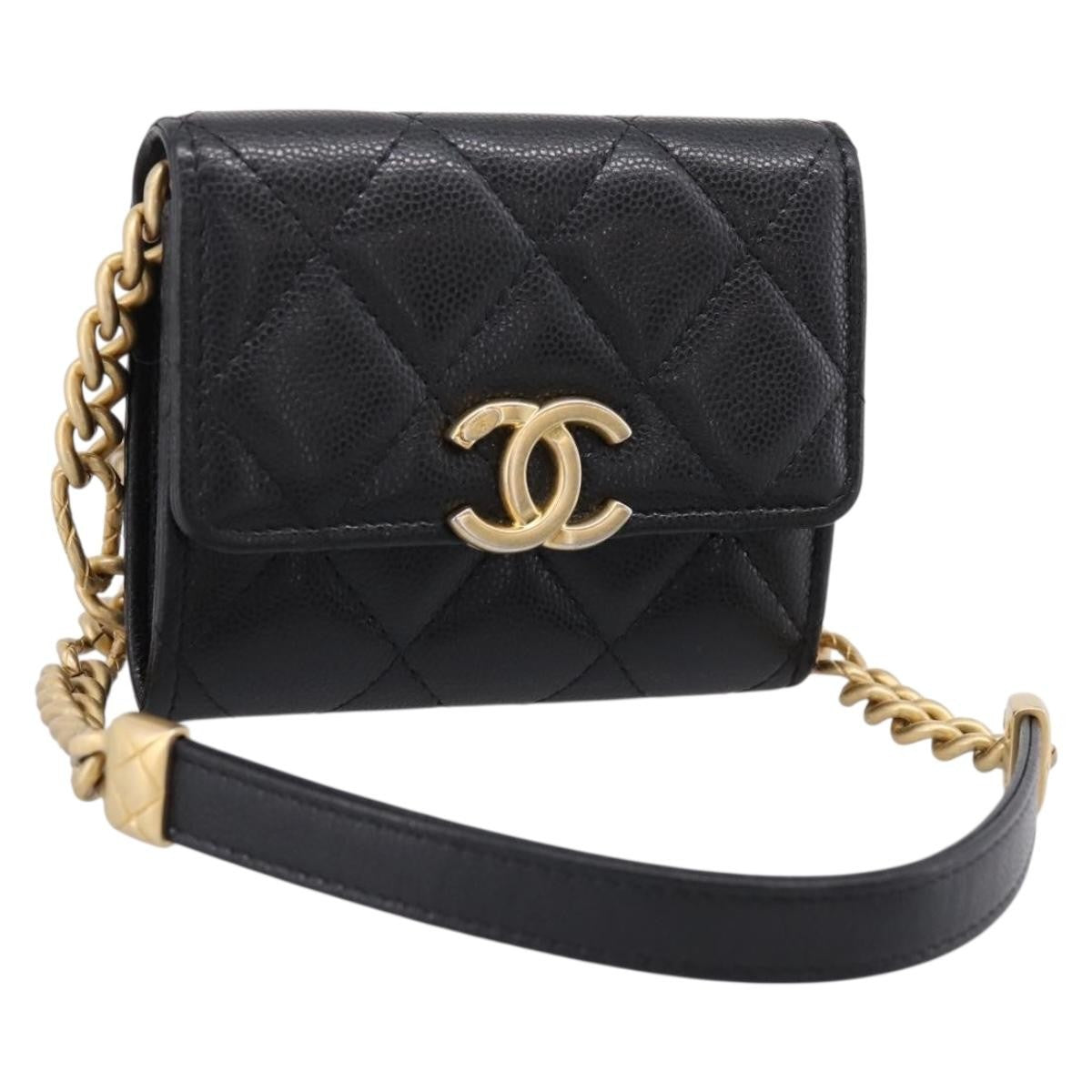 Chanel Plate Logo Cc Flap Card Holder On Chain Quilted Caviar Black Leather Clutche & Pouche Bag (Pre-Owned)