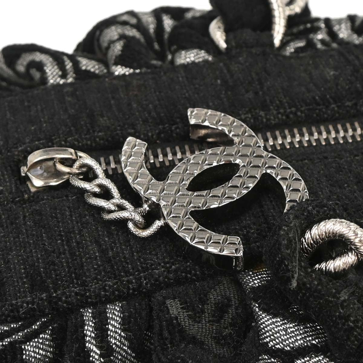 Chanel Vintage Zip Bowler Printed Jacquard Black Cotton Shoulder Bag Bag (Pre-Owned)