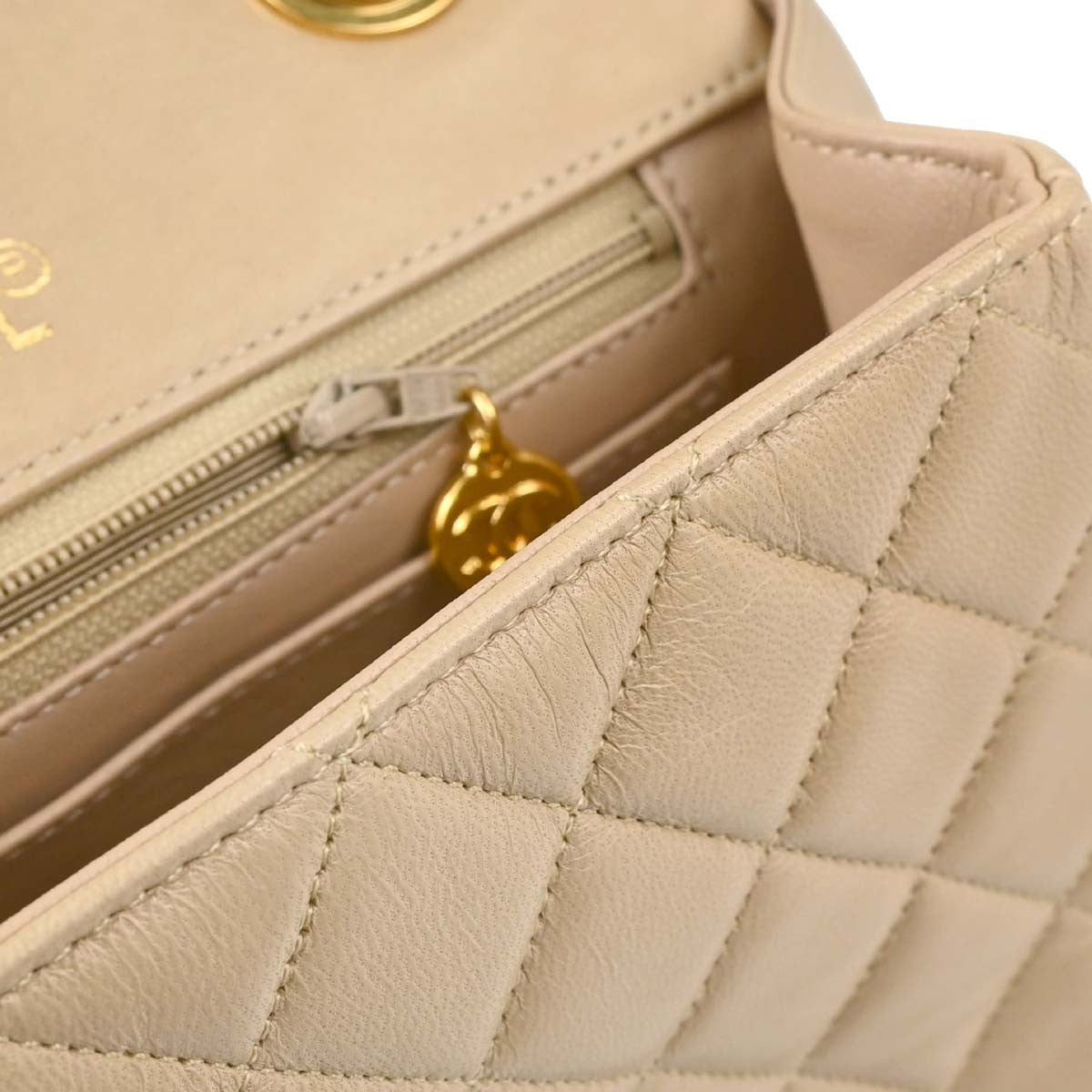 Chanel Cc Top Handle Flap Quilted Lambskin Beige Leather Handbag (Pre-Owned)