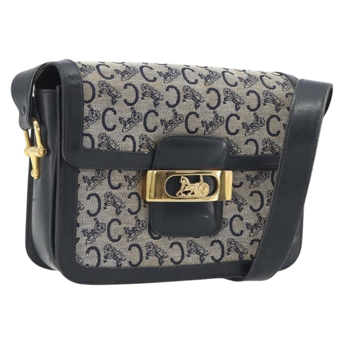 Celine Vintage Horse Carriage C Macadam Canvas And Leather Navy Canvas Shoulder Bag Bag (Pre-Owned)