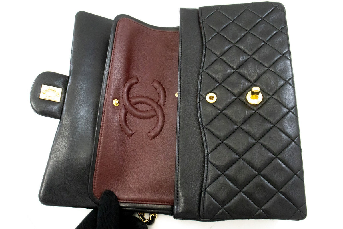 Chanel Classic Timeless Double Flap Quilted Lambskin Black Leather Handbag (Pre-Owned)