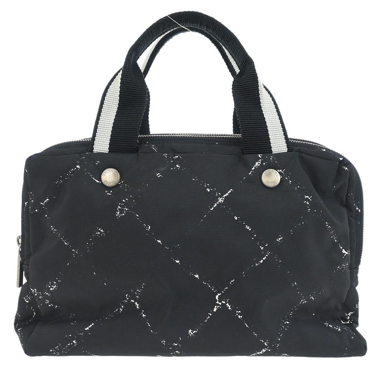 Chanel Travel Line Boston Printed Nylon Black Nylon Handbag (Pre-Owned)