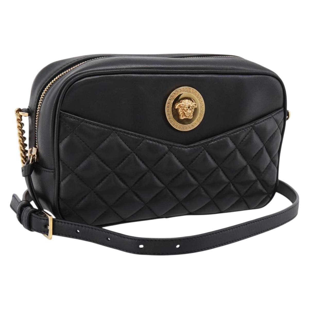 Versace Medusa Icon Front Slip Pocket Camera Quilted Leather Black Leather Handbag (Pre-Owned)