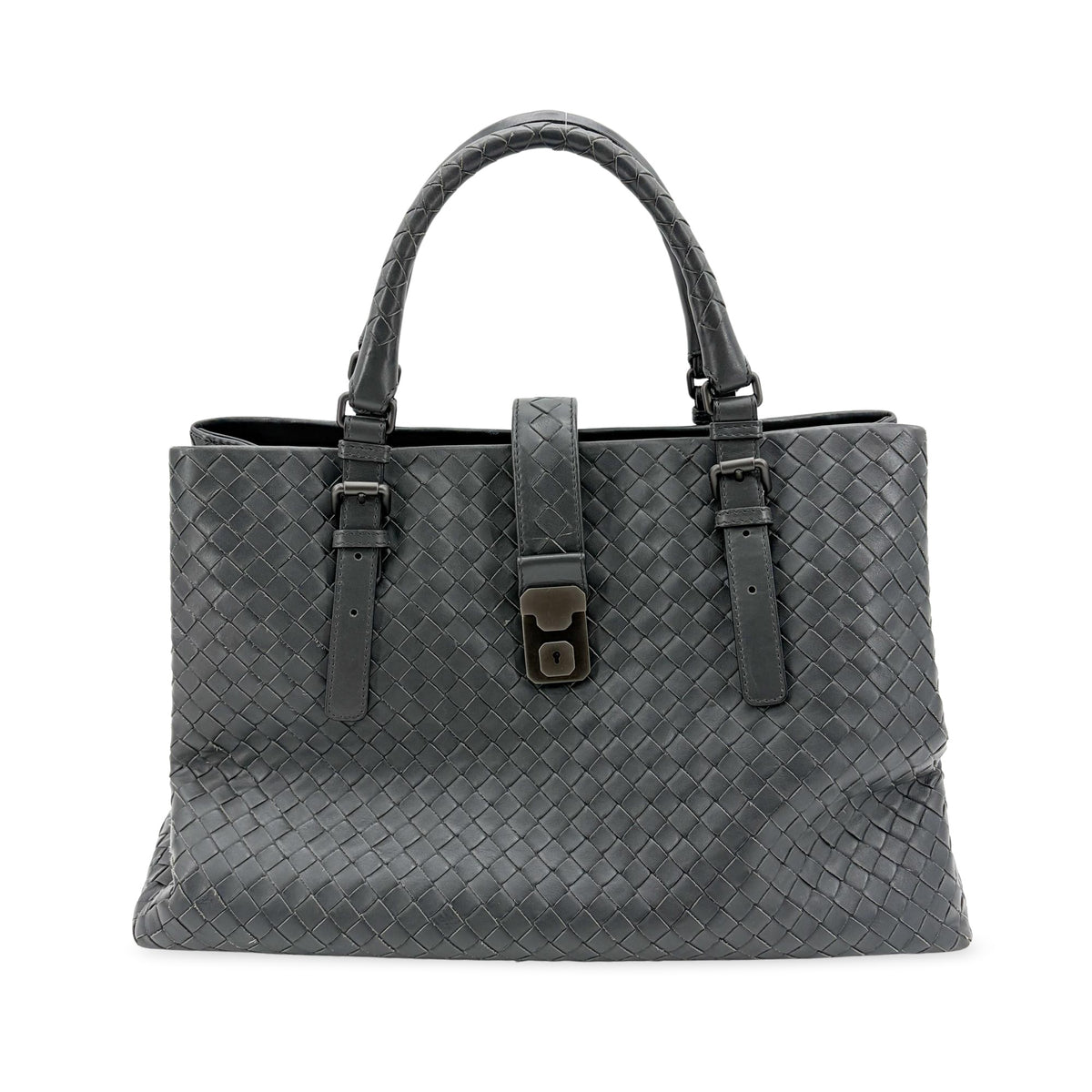 Bottega Veneta Roma Intrecciato Nappa Gray Leather Handbag (Pre-Owned)