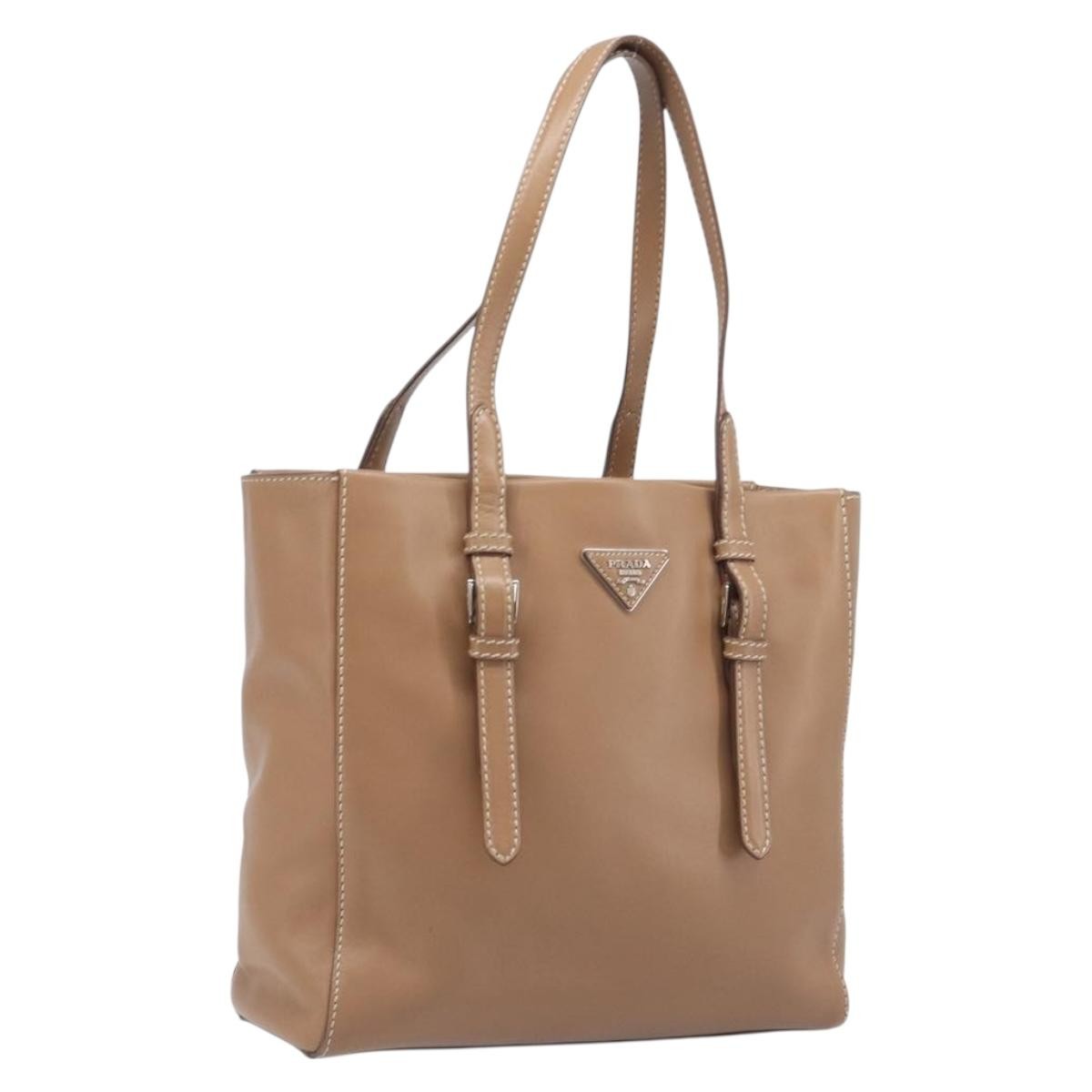 Prada Covered Strap Open City Calfskin Beige Leather Tote Bag Bag (Pre-Owned)