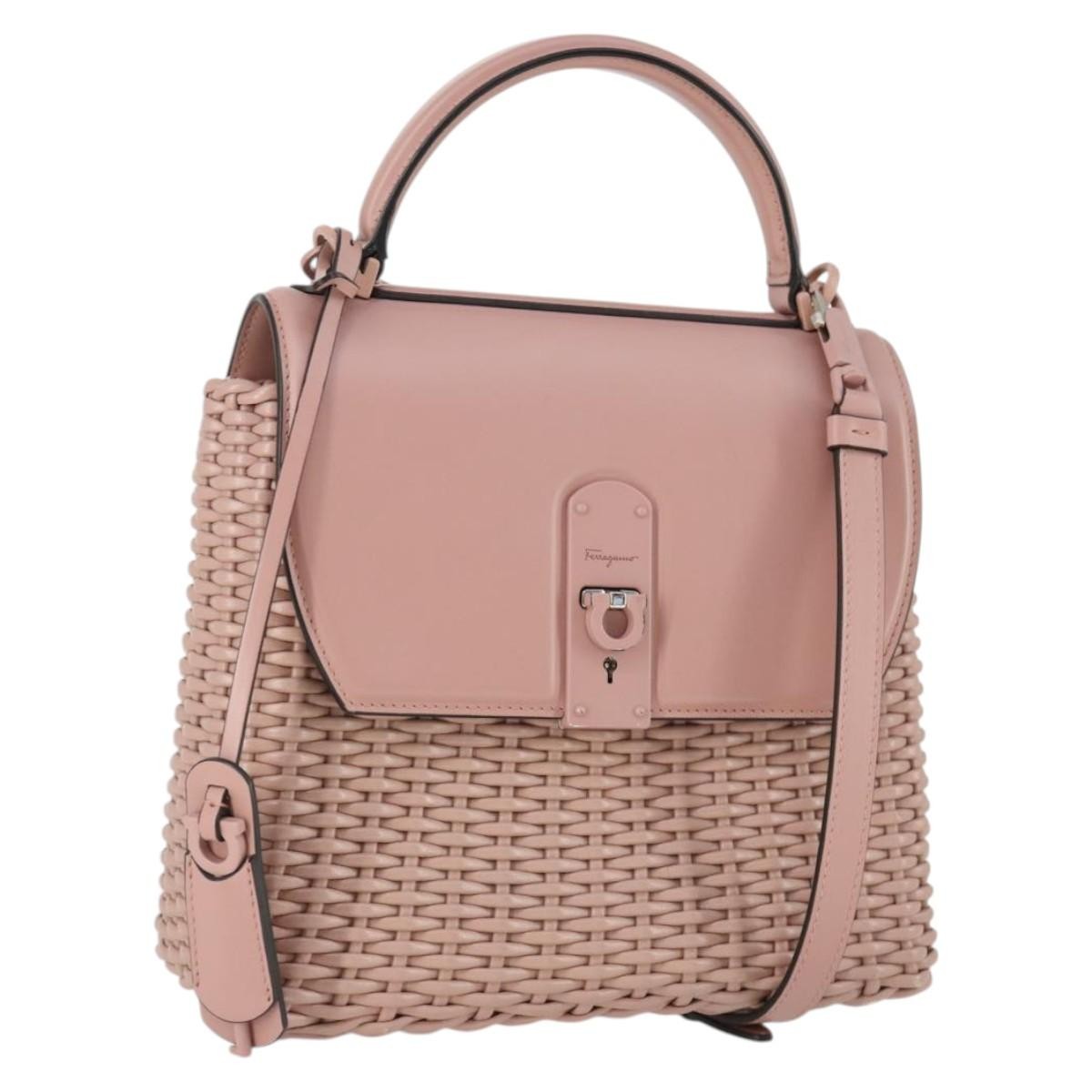 Salvatore Ferragamo Boxyz Top Handle Woven Leather Pink Leather Handbag (Pre-Owned)