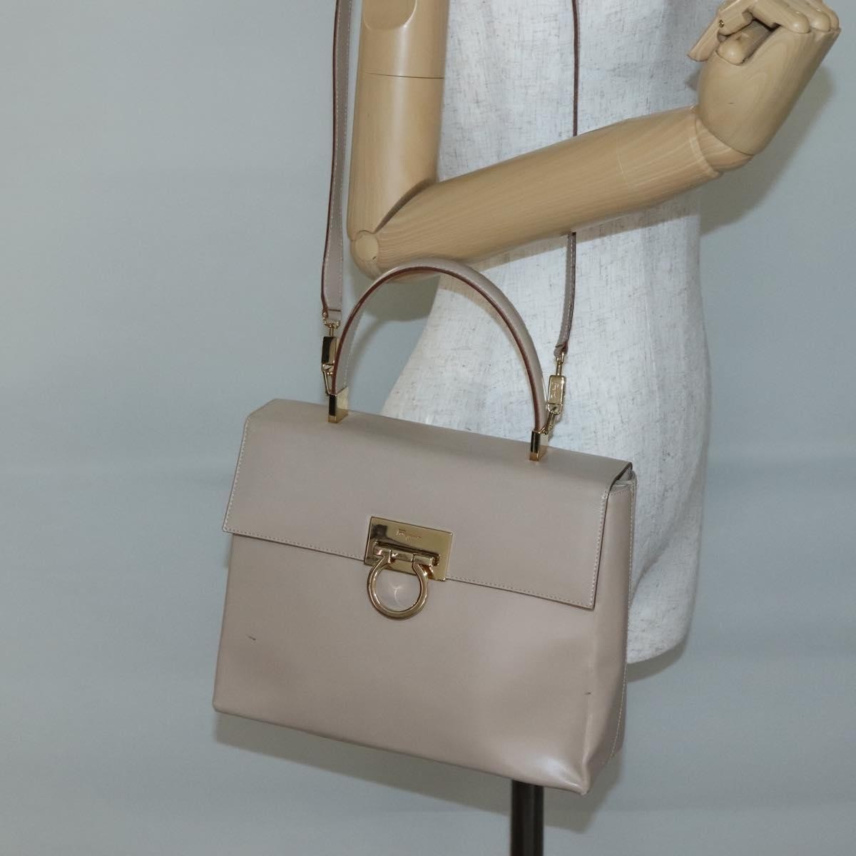 Salvatore Ferragamo Gancini Convertible Top Handle Leather Beige Leather Handbag (Pre-Owned)