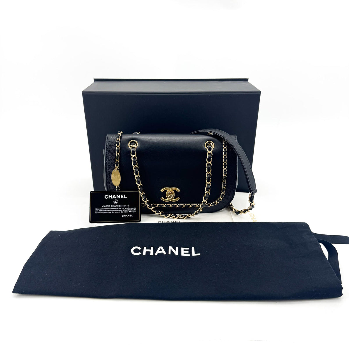 Chanel Flap With Chain Leather Black Calfskin Handbag (Pre-Owned)