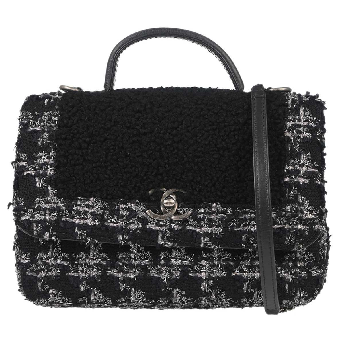 Chanel Top Handle Shearling With Tweed Black Tweed Handbag (Pre-Owned)