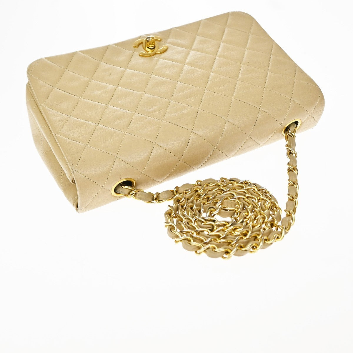 Chanel Vintage Full Flap Quilted Lambskin Beige Leather Shoulder Bag Bag (Pre-Owned)