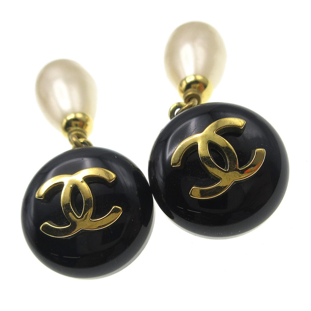 Chanel Vintage Cc Dangle Metal With Crystals Black Gold_Plated Earrings Jewelry (Pre-Owned)
