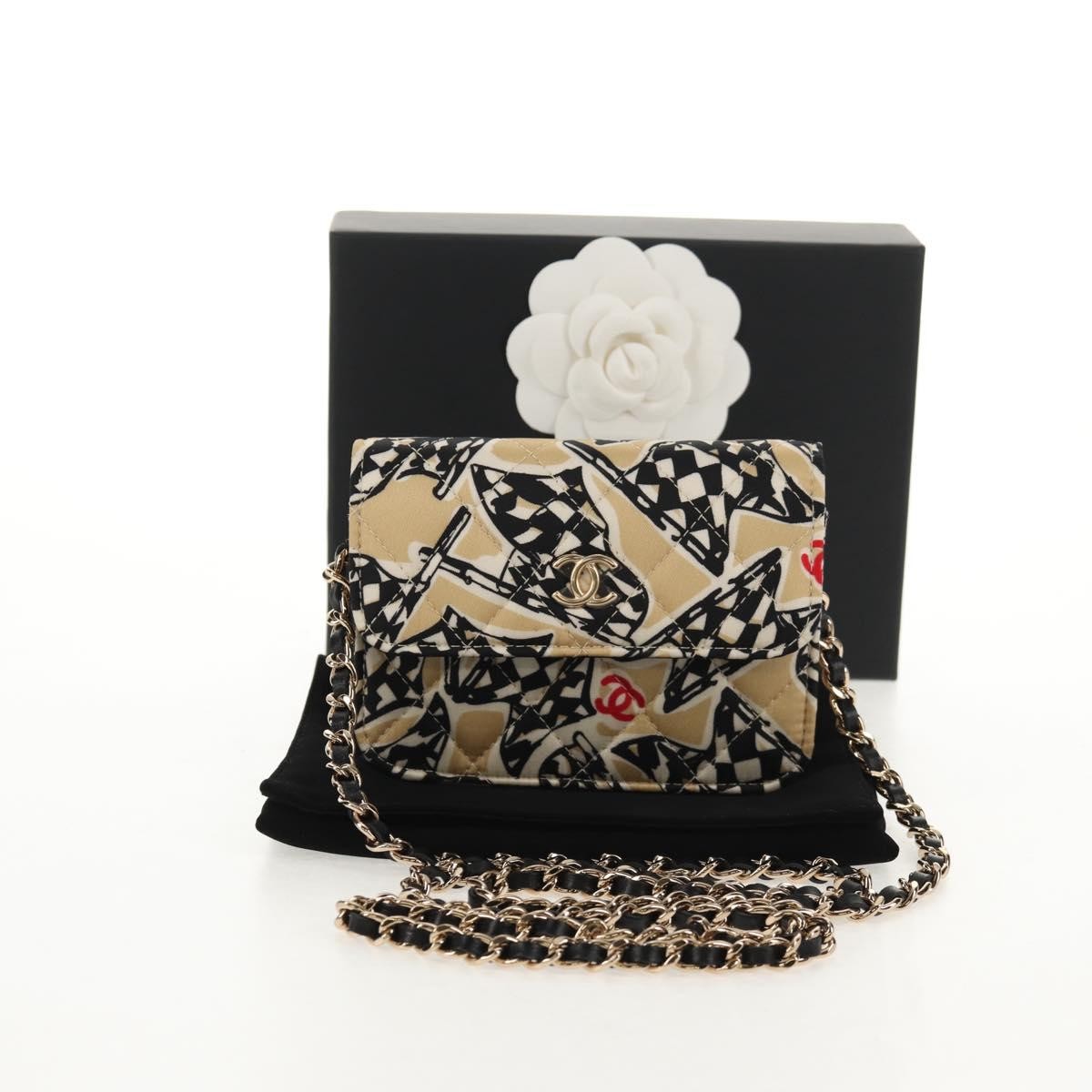 Chanel Flap Card Holder On Chain Quilted Printed Canvas Beige Satin Shoulder Bag Bag (Pre-Owned)