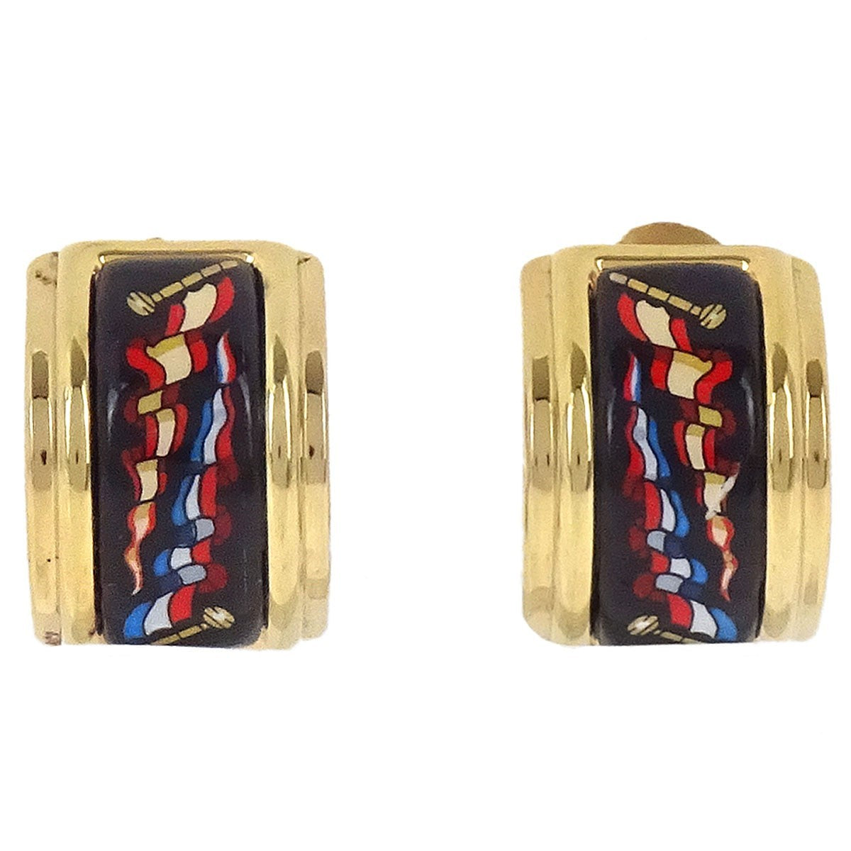 Hermes Vintage Half Hoop Clip-On Printed Enamel And Metal Gold Gold_Plated Earrings Jewelry (Pre-Owned)