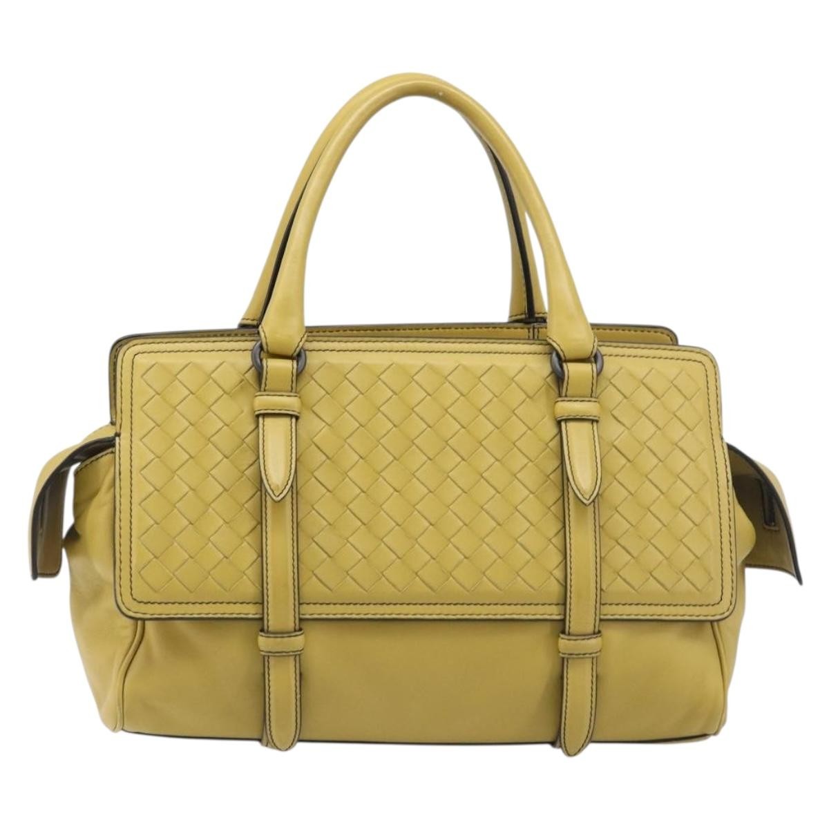 Bottega Veneta Monaco Nappa Leather With Intrecciato Detail Yellow Leather Handbag (Pre-Owned)