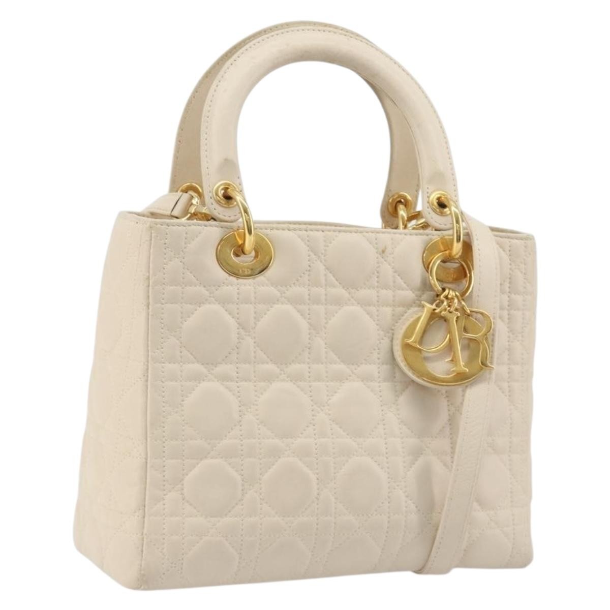 Christian Dior Lady Dior Cannage Quilt Lambskin White Leather Handbag (Pre-Owned)